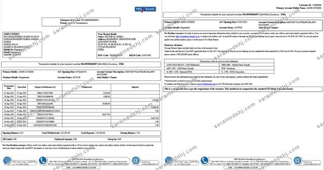 India Yes Bank statement of account Word and PDF template, 2 pages